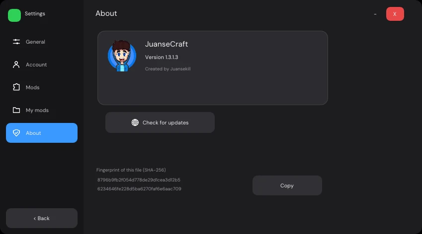 JuanseCraft settings, About tab: installed version, check for updates and the file fingerprint