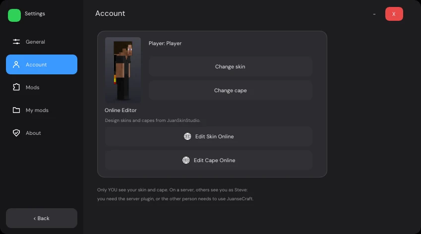 JuanseCraft settings, Account tab: your character in 3D with the chosen skin and cape