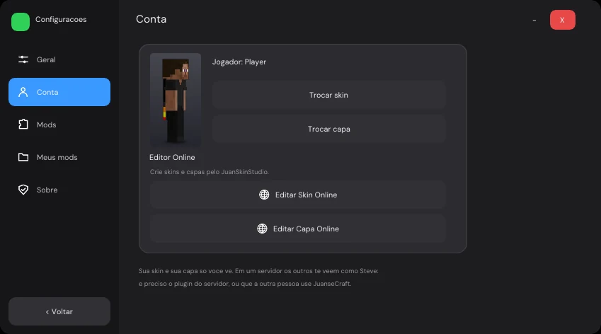 Configurações do JuanseCraft, aba Conta: o personagem em 3D com a skin e a capa escolhidas