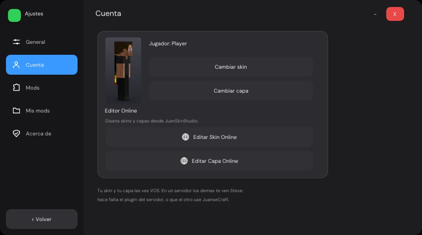 Ajustes de JuanseCraft, pestaña Cuenta: el personaje en 3D con la skin y la capa elegidas