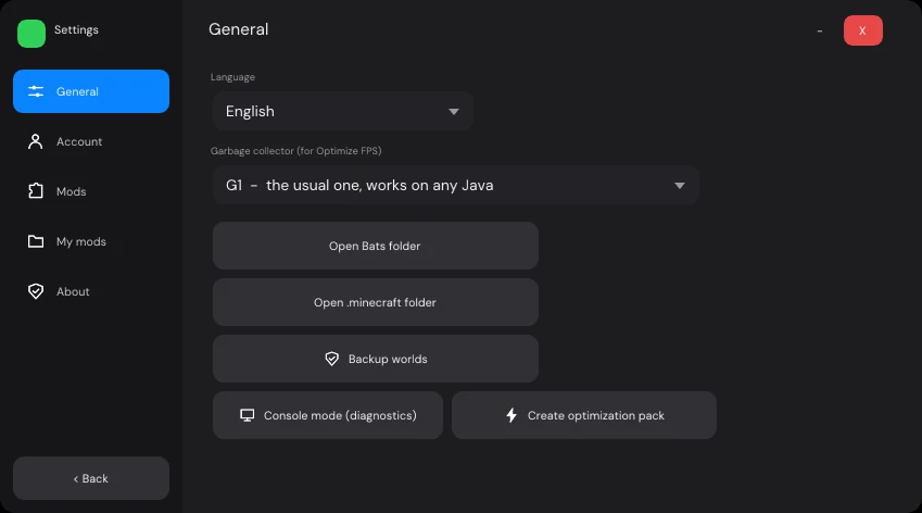 JuanseCraft settings, General tab: language, garbage collector, folders, world backup, console and optimization pack