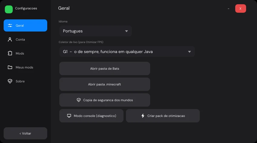 Configurações do JuanseCraft, aba Geral: idioma, coletor de lixo, pastas, backup de mundos, console e pack de otimização