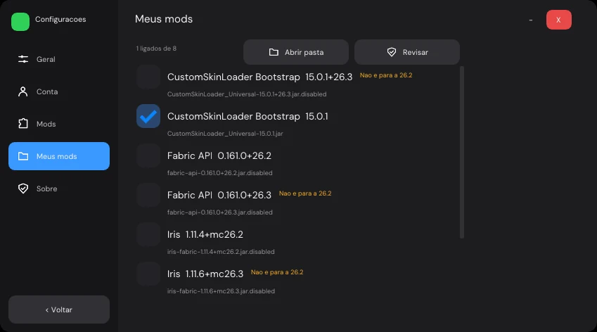 Configurações do JuanseCraft, aba Meus mods: a lista de mods com uma caixinha cada e o aviso dos que não são para a versão escolhida