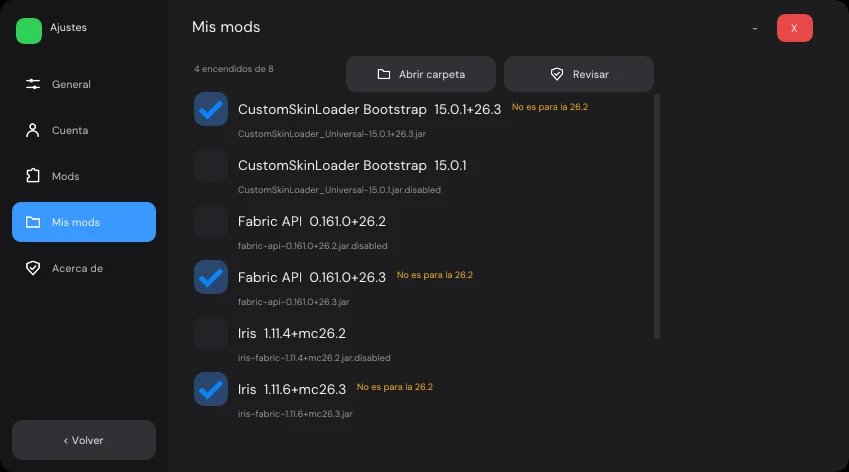 Ajustes de JuanseCraft, pestaña Mis mods: la lista de mods con su casilla y el aviso de los que no son para la versión elegida