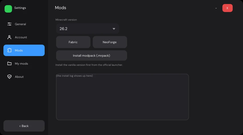 JuanseCraft Mods tab: pick the Minecraft version and install Fabric or NeoForge