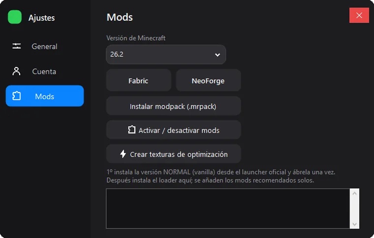Aba Mods do JuanseCraft com os botões Ativar / desativar mods e Criar texturas de otimização