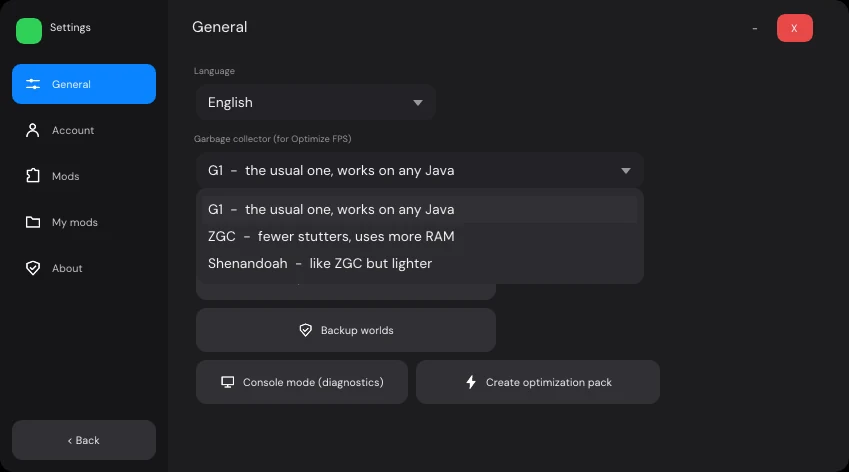 JuanseCraft settings with the garbage collector list open: G1, ZGC and Shenandoah