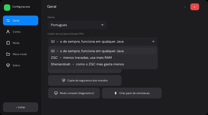 Configurações do JuanseCraft com a lista do coletor de lixo aberta: G1, ZGC e Shenandoah