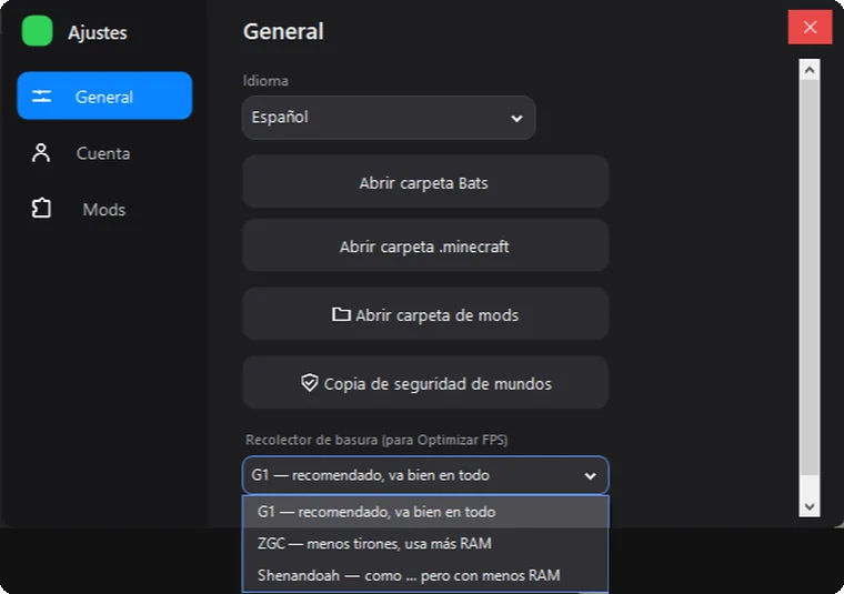 Configurações do JuanseCraft com a lista do coletor de lixo aberta: G1, ZGC e Shenandoah