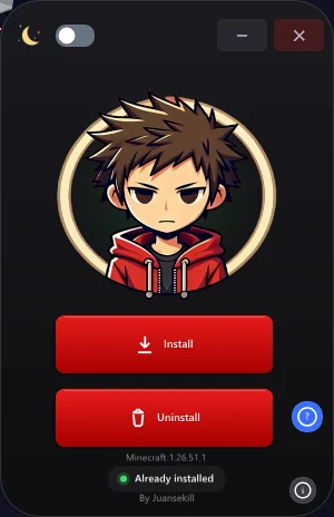 JuanseUnlock main screen: it detects Minecraft 1.26.51, Install and Uninstall buttons, and the Already installed status in green