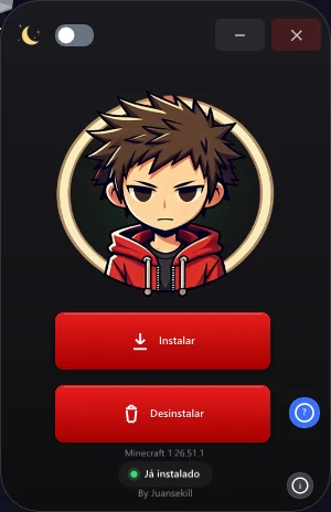 Tela principal do JuanseUnlock: detecta o Minecraft 1.26.51, botões Instalar e Desinstalar, e o estado Já instalado em verde