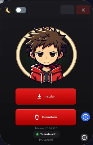Pantalla principal de JuanseUnlock: detecta Minecraft 1.26.51, botones Instalar y Desinstalar, y el estado Ya instalado en verde