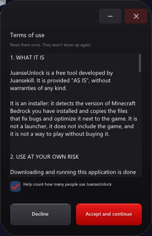 JuanseUnlock terms of use screen: it explains it's free, a reversible installer and not a launcher, with the checkbox to help count how many people use it