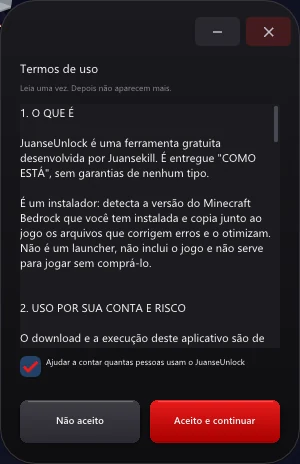 Tela de termos de uso do JuanseUnlock: explica que é grátis, um instalador reversível e não um launcher, com a caixinha para ajudar a contar quantas pessoas usam