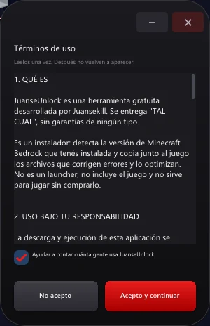 Pantalla de términos de uso de JuanseUnlock: aclara que es gratis, que es un instalador reversible y no un launcher, con la casilla para ayudar a contar cuánta gente lo usa
