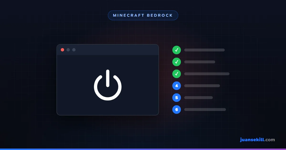 An app window with a power button and a checklist of steps